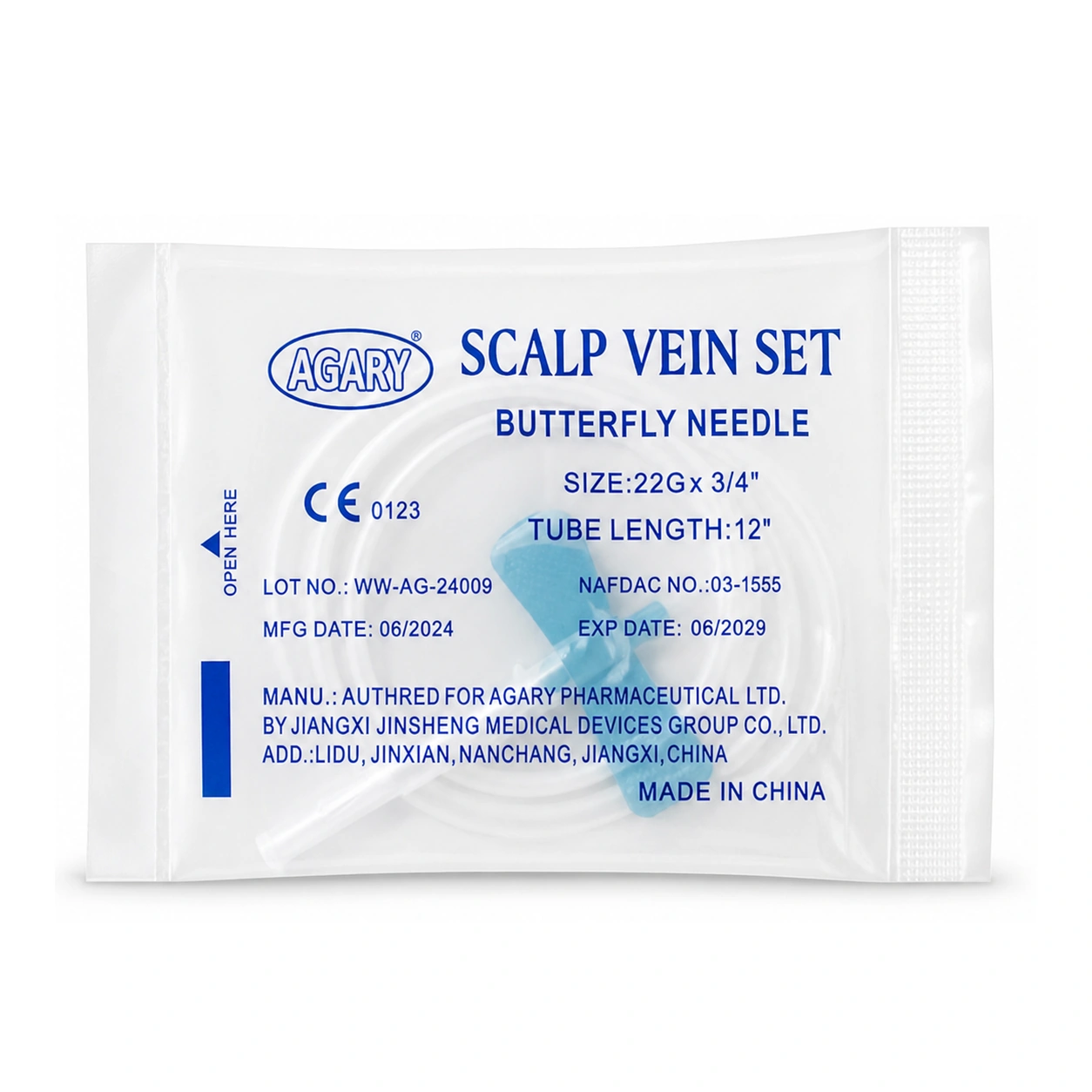 AGARY Scalp Vein Set Butterfly Needle 22G x 3/4 inch 12 inch Tube