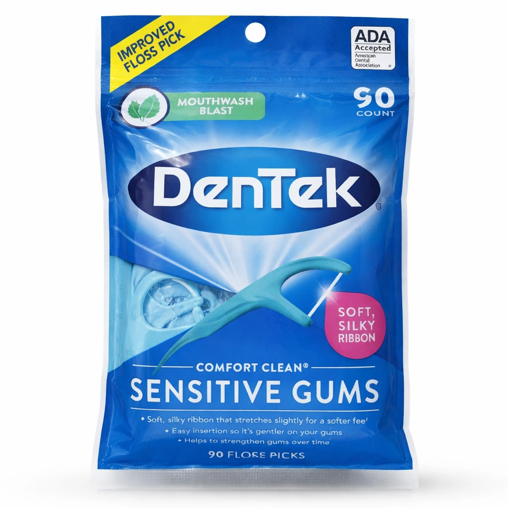 DenTek Comfort Clean Sensitive Gums Floss Picks Soft & Silky Ribbon Mouthwash Blast x 90 floss picks