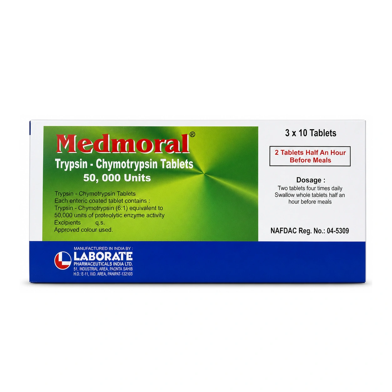 Medmoral Trypsin-Chymotrypsin Enteric-Coated Tablets 50,000 Units x 30 Tablets