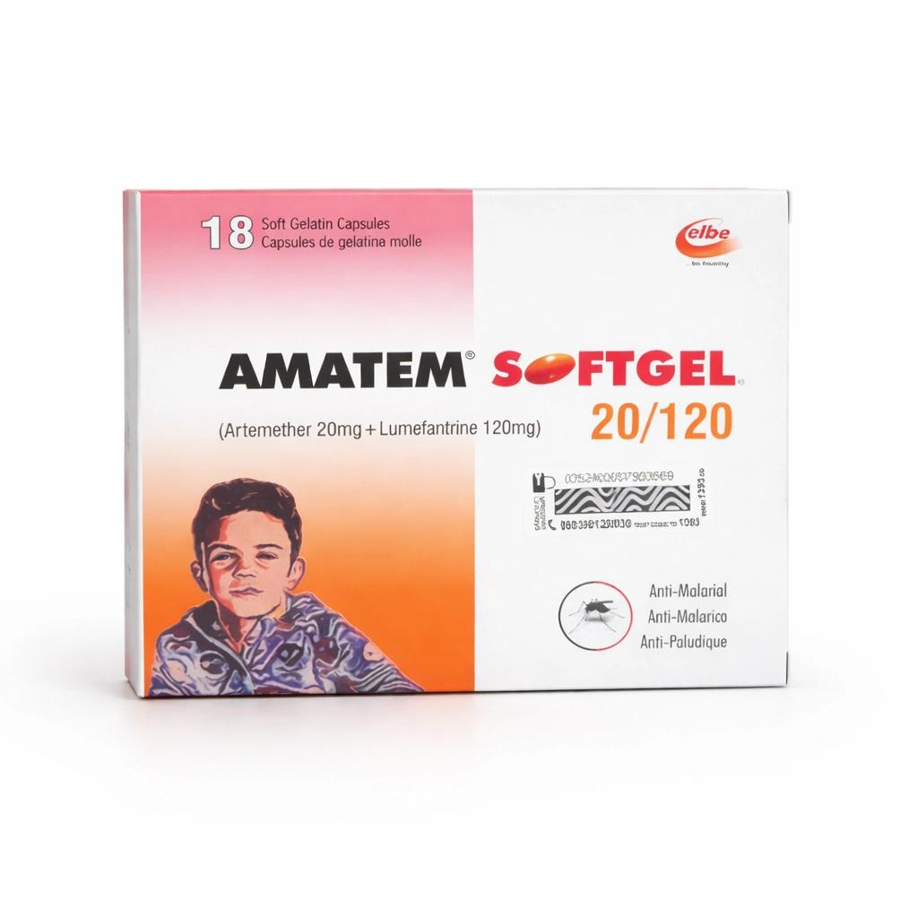 Amatem Artemether + Lumefantrine Soft Gelatin Capsules 20 mg/120 mg x 18 Capsules
