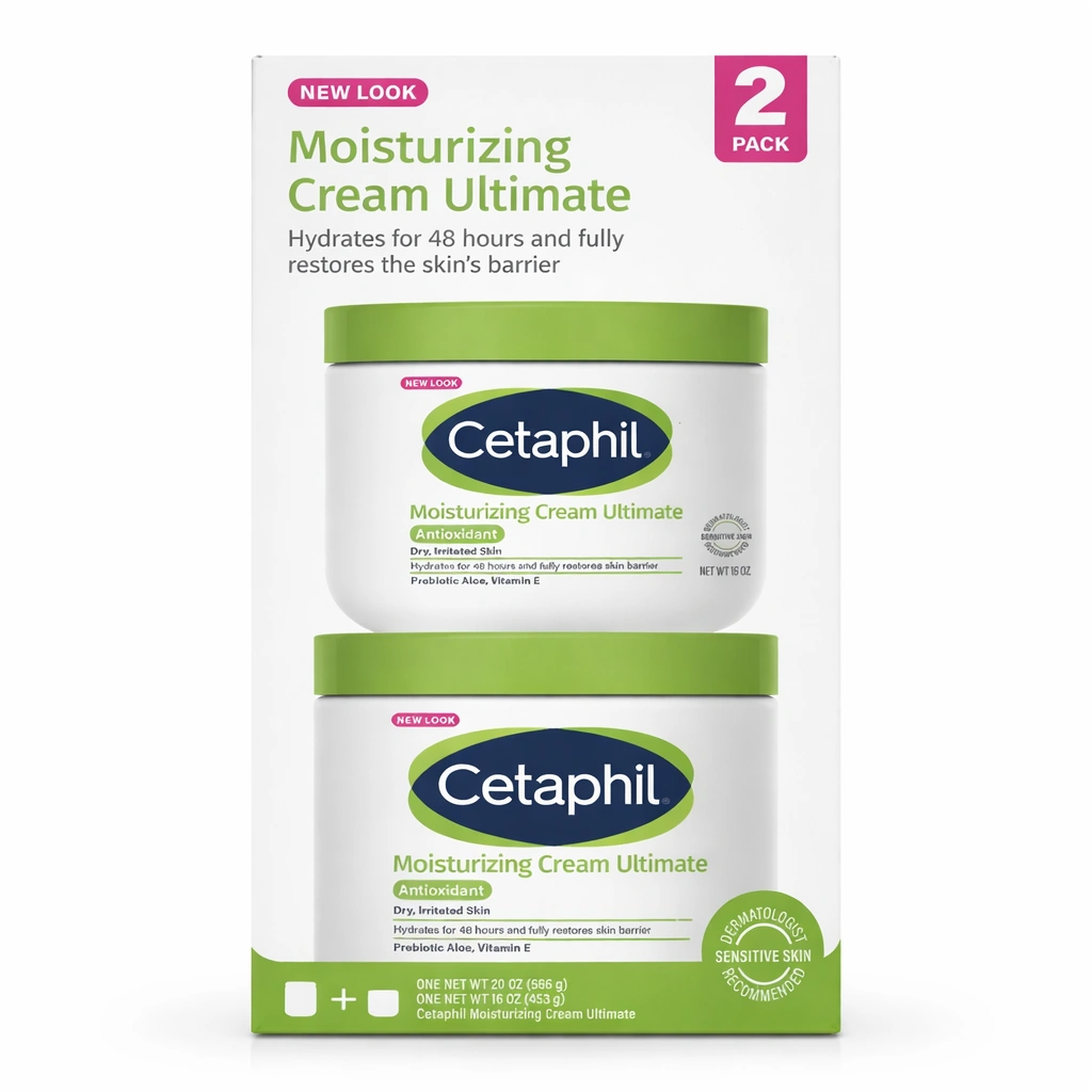 Cetaphil Moisturizing Cream Ultimate with Prebiotic Aloe 20 oz + 16 oz x 2 Jars x 2 packs