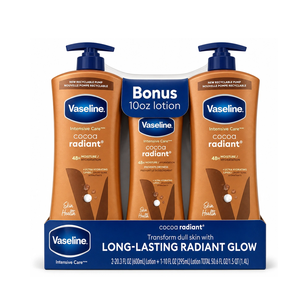 Vaseline Intensive Care Cocoa Radiant Body Lotion 2 x 20.3 fl oz (600 ml) + 10 fl oz (295 ml) Bonus Pack