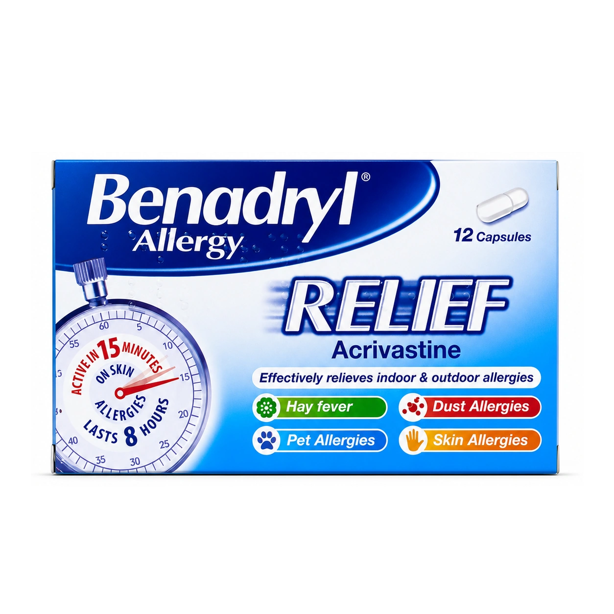 Benadryl Allergy Relief Acrivastine 8 mg Capsules x 12 Capsules