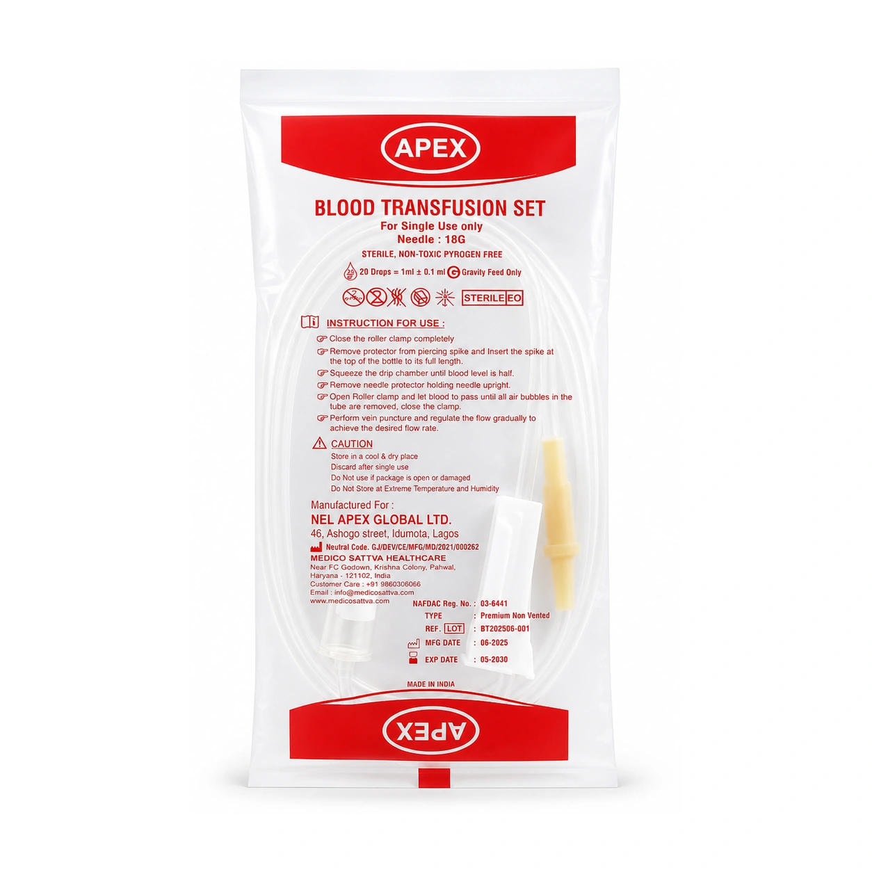 APEX Blood Transfusion Set Premium Non Vented 18G x 1 Set