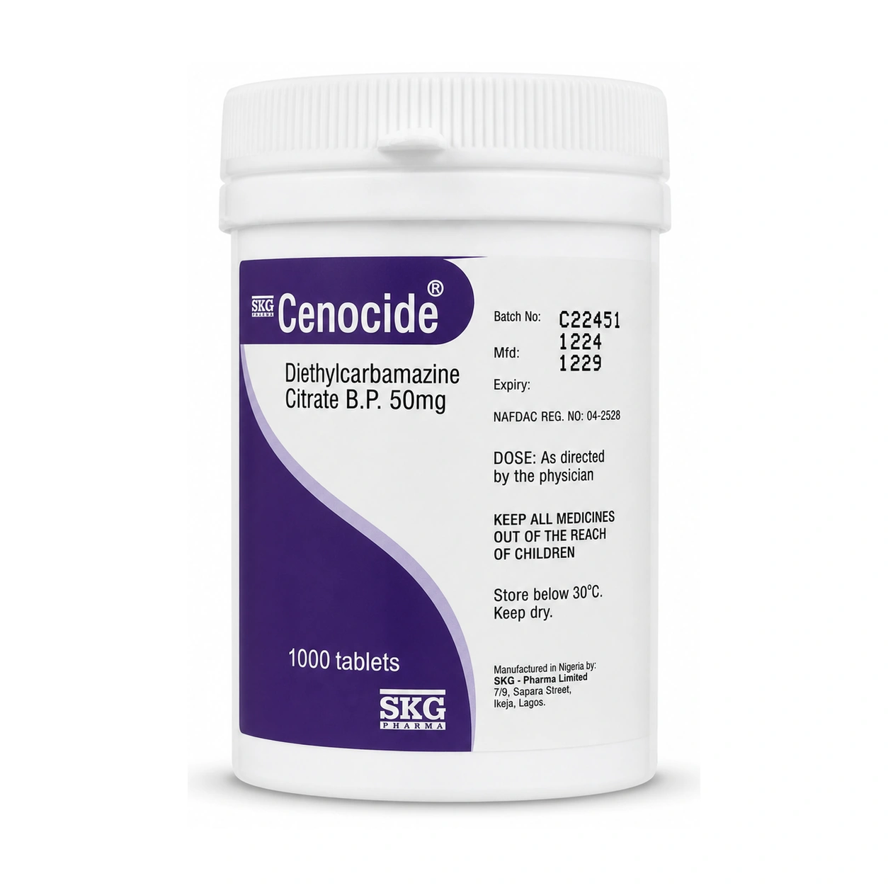 Cenocide Diethylcarbamazine Citrate BP 50 mg Tablets x 1000 Tablets