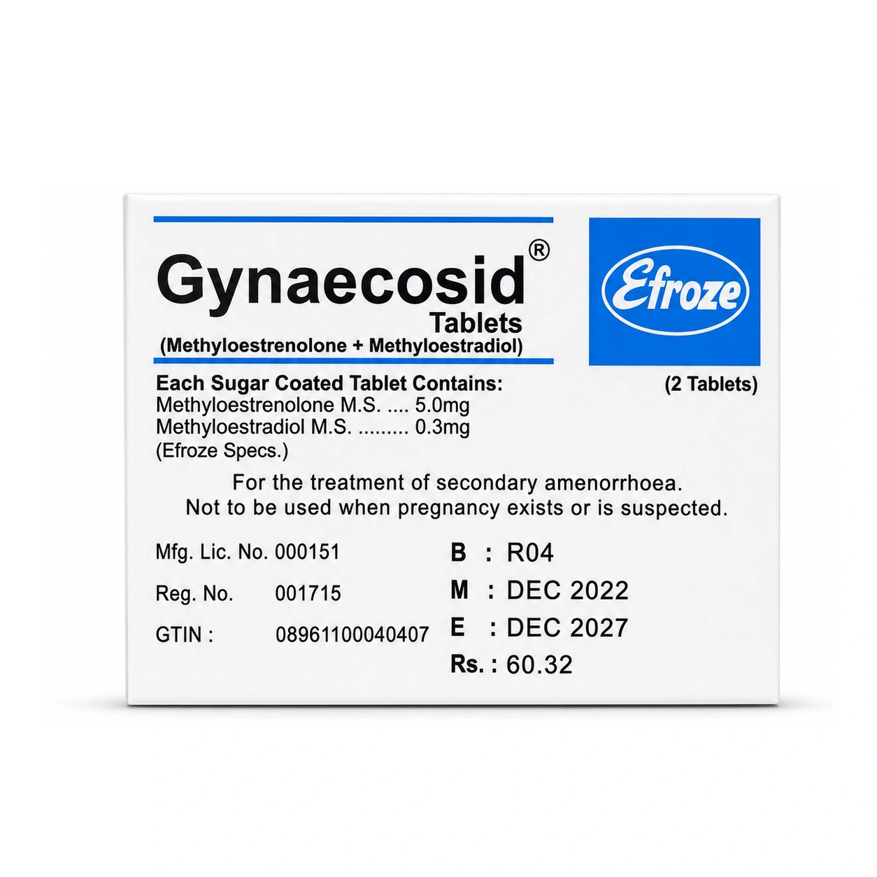 Gynaecosid Methyloestrenolone 5 mg + Methyloestradiol 0.3 mg Tablets x 2 Tablets