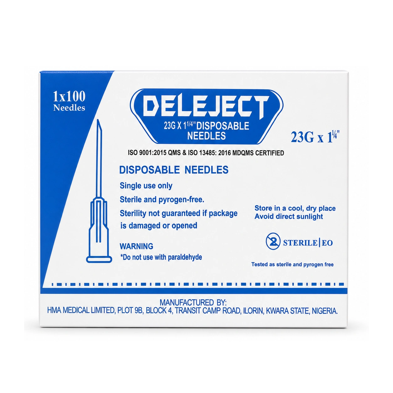 Deleject Disposable Needles 23G x 1 1/4 in x 100 Needles
