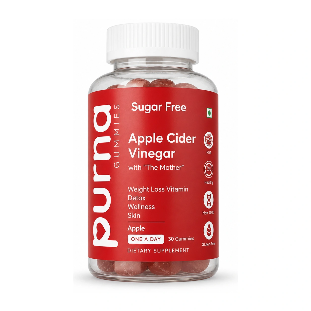 Purna Gummies Sugar Free Apple Cider Vinegar with The Mother Gummies x 30 Gummies