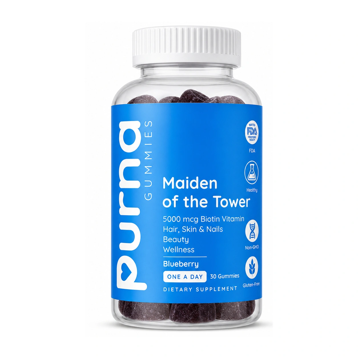 Purna Gummies Maiden of the Tower 5000 mcg Biotin Vitamin Blueberry Dietary Supplement Gummies x 30 Gummies