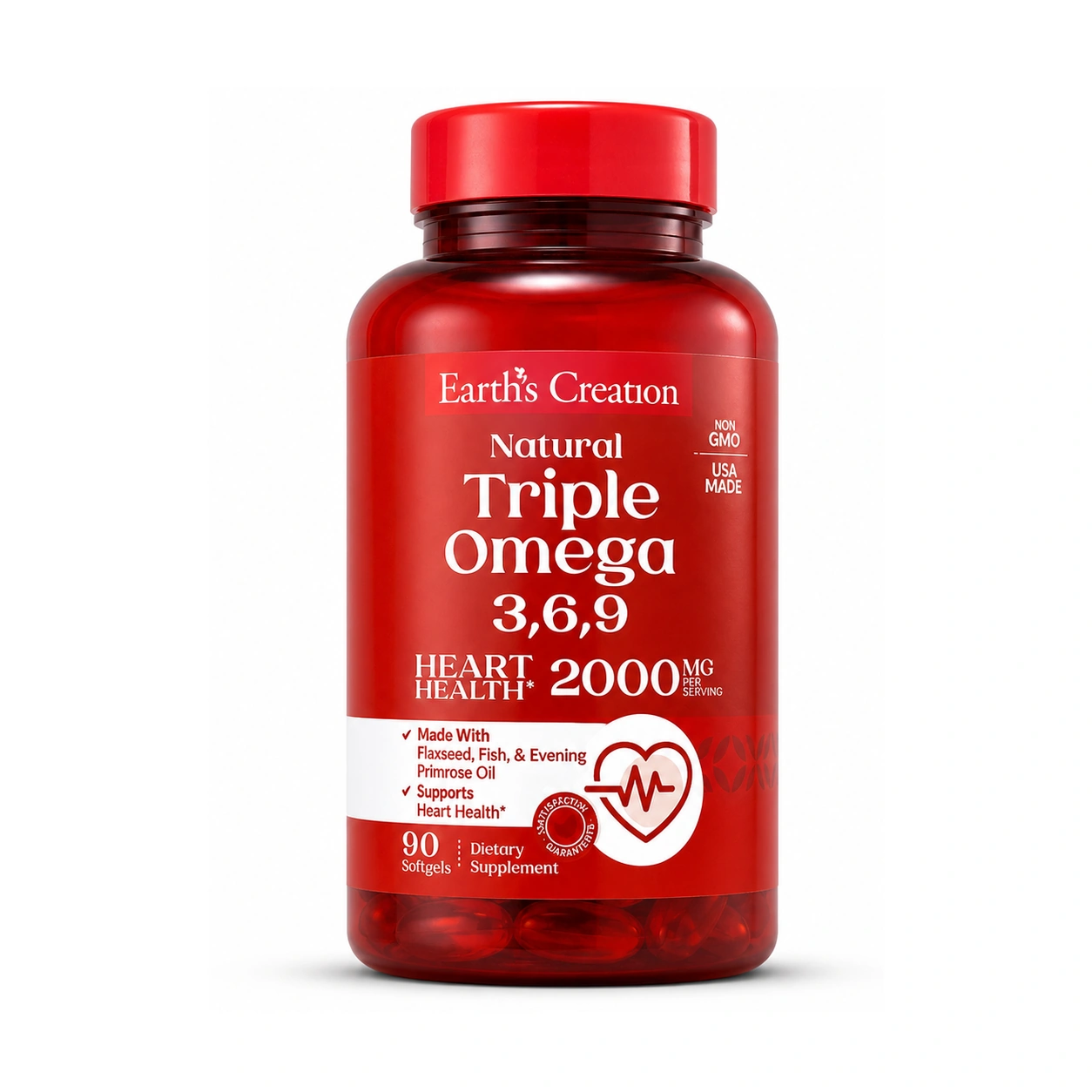 Earth's Creation Triple Omega 3,6,9 with Flaxseed, Evening Primrose Oil & Fish Oil 2000 mg Softgels x 90 Softgels