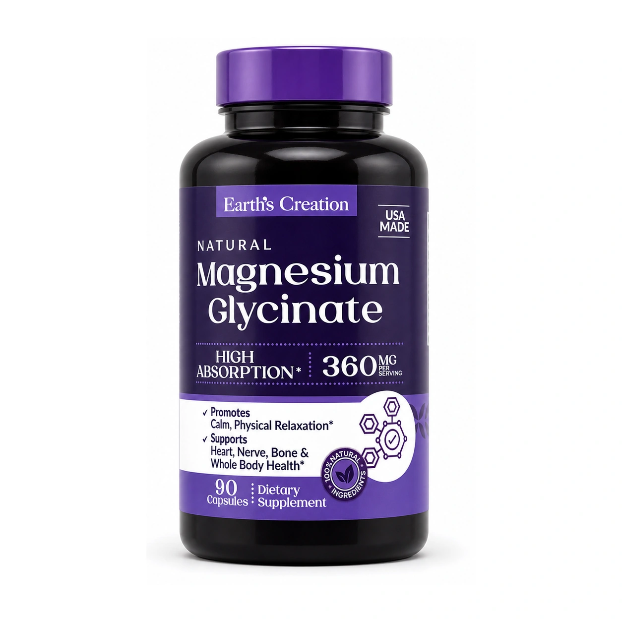 Earth's Creation Natural Magnesium Glycinate 360 mg Capsules x 90 Capsules