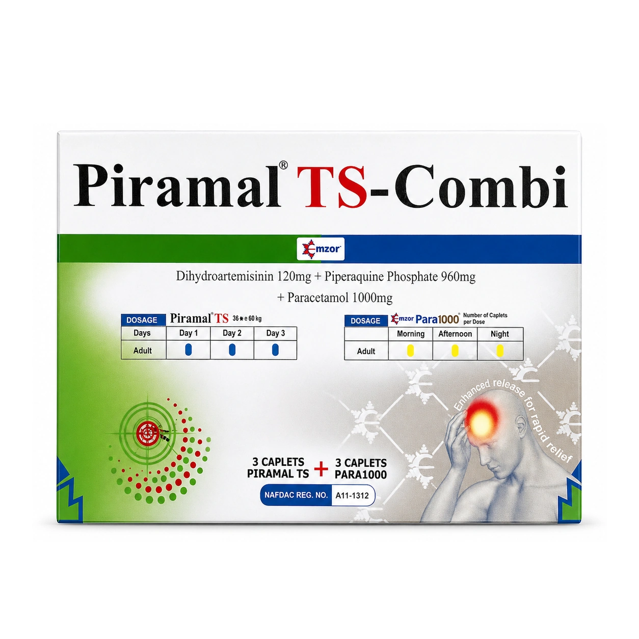 Piramal TS-Combi Dihydroartemisinin/Piperaquine Phosphate + Paracetamol Caplets 120 mg/960 mg + 1000 mg x 3 caplets + x 3 caplets