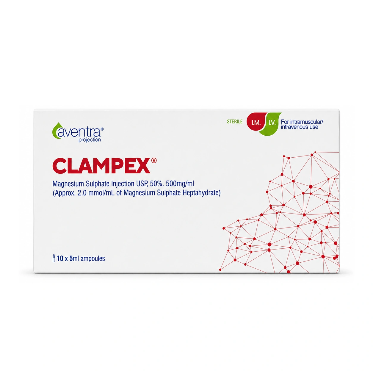 Clampex Magnesium Sulphate Heptahydrate Injection 50% w/v (500 mg/ml) x 10 ampoules x 5 ml