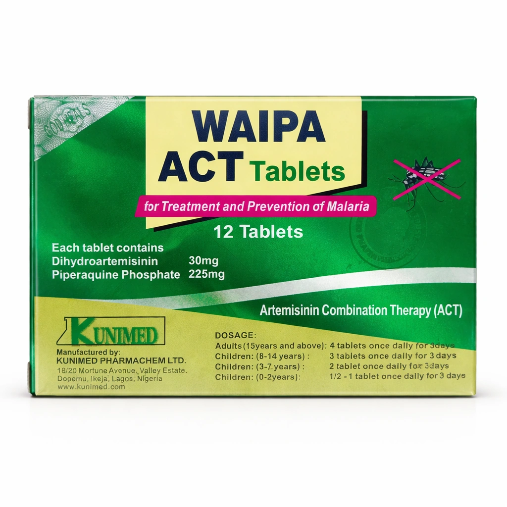 WAIPA ACT Dihydroartemisinin 30 mg + Piperaquine Phosphate 225 mg Tablets x 12 Tablets