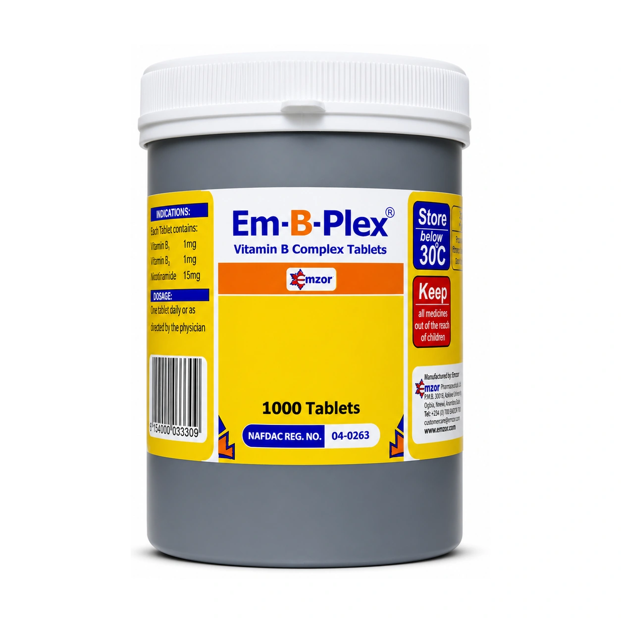 Em-B-Plex Vitamin B Complex Tablets (Vitamin B1 1 mg + Vitamin B2 1 mg + Nicotinamide 15 mg) x 1000 Tablets