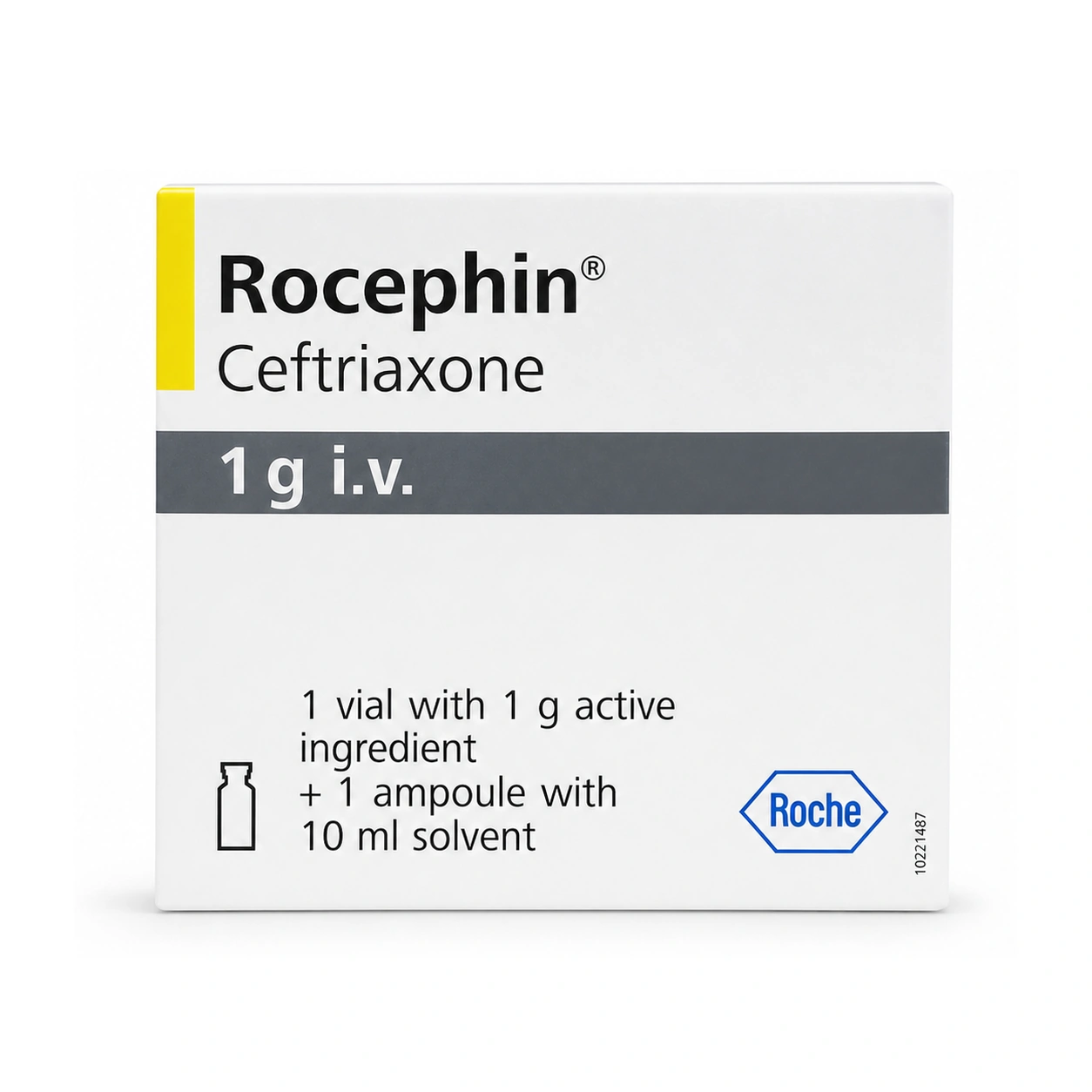 Rocephin Ceftriaxone 1 g IV Powder and Solvent for Solution for Injection x 1 vials + 1 Ampoule 10 ml