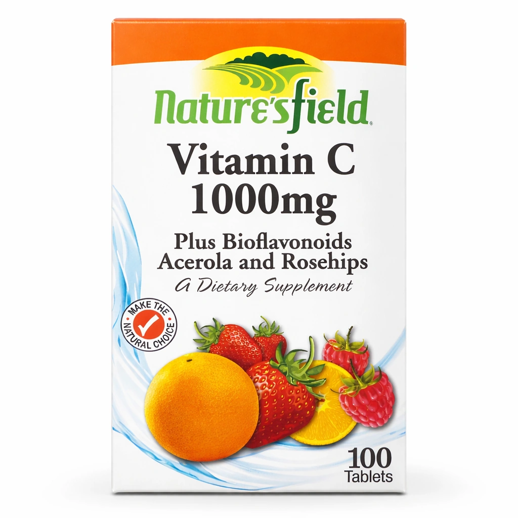 Nature's Field Vitamin C 1000 mg with Bioflavonoids, Acerola and Rose Hips Tablets x 100 Tablets