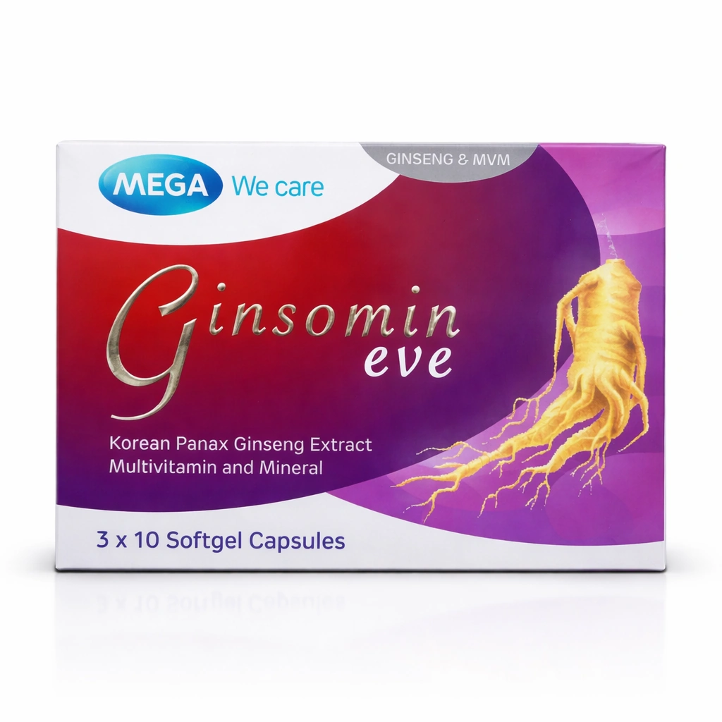 MEGA We Care Ginsomin Eve Korean Panax Ginseng Extract Multivitamin and Mineral Softgel Capsules x 30 Capsules x 30 Softgels