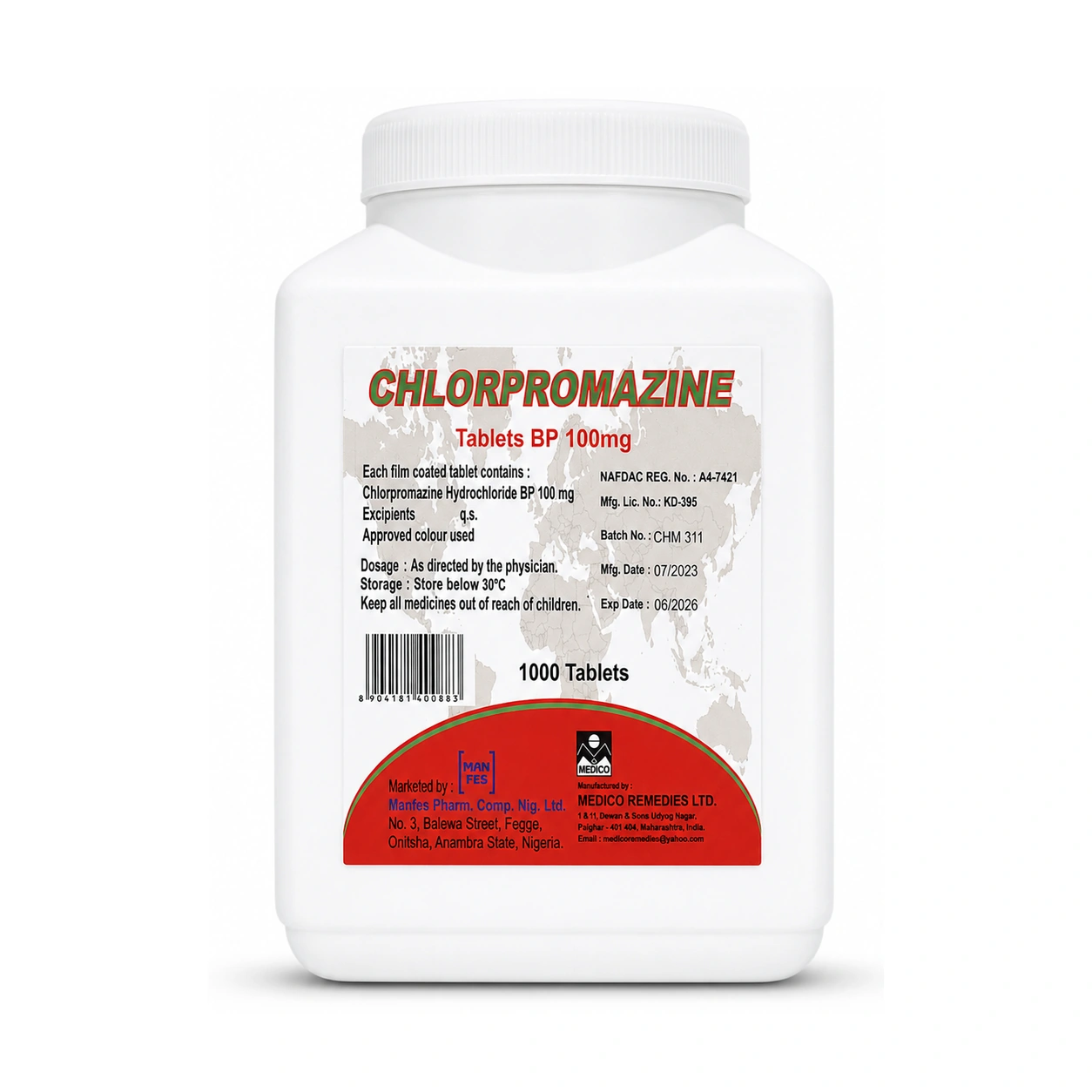 Chlorpromazine Hydrochloride BP Film-Coated Tablets 100 mg x 1000 Tablets