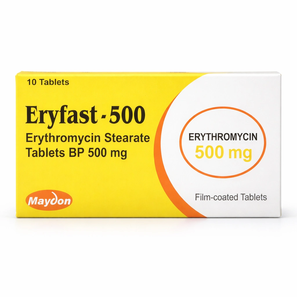 Eryfast-500 Erythromycin Stearate Film-Coated Tablets BP 500 mg x 10 Tablets