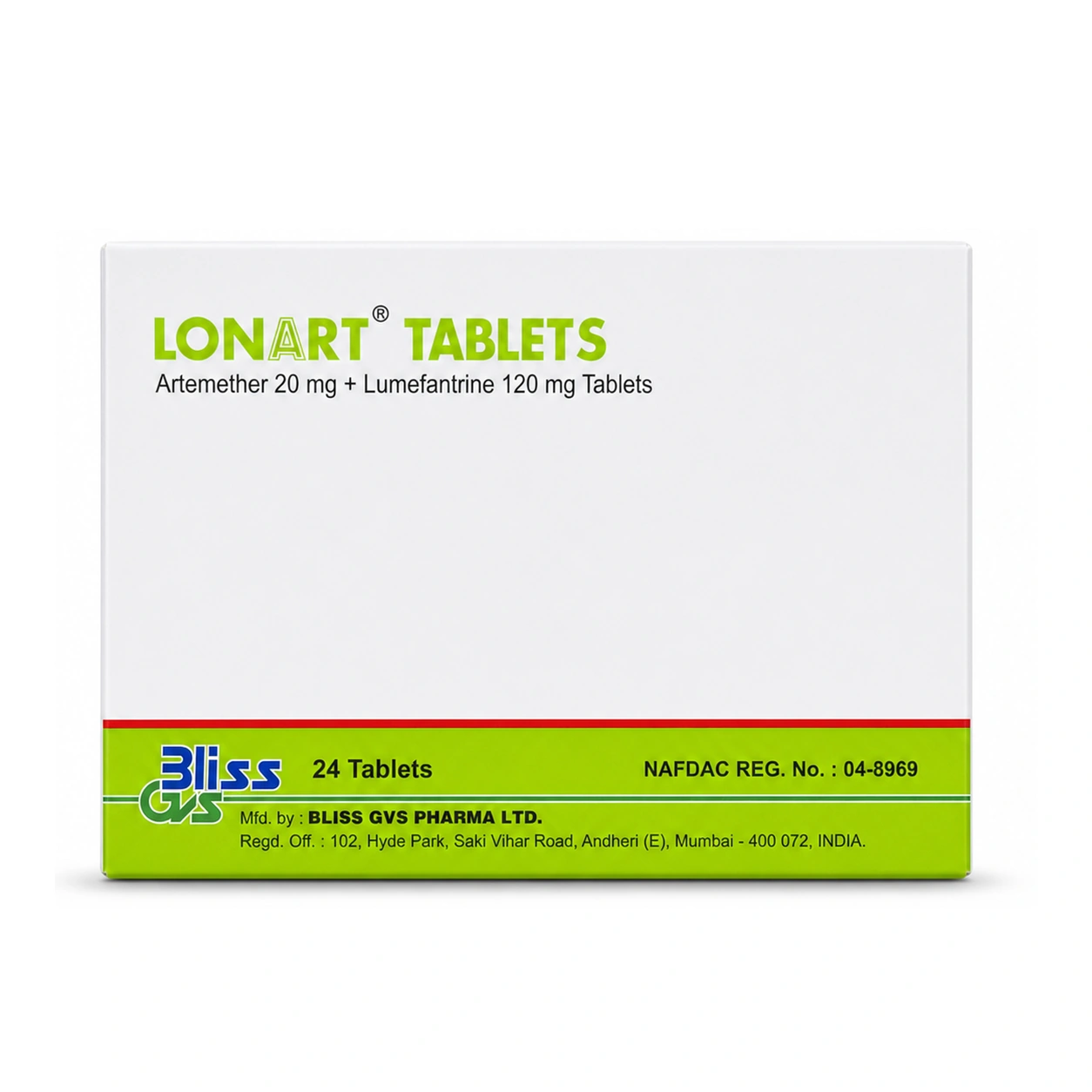 Lonart Artemether 20 mg + Lumefantrine 120 mg Tablets x 24 Tablets