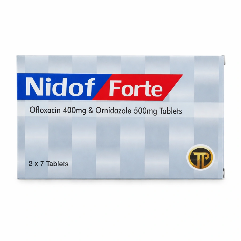 Nidof Forte Ofloxacin 400 mg + Ornidazole 500 mg Tablets x 14 Tablets