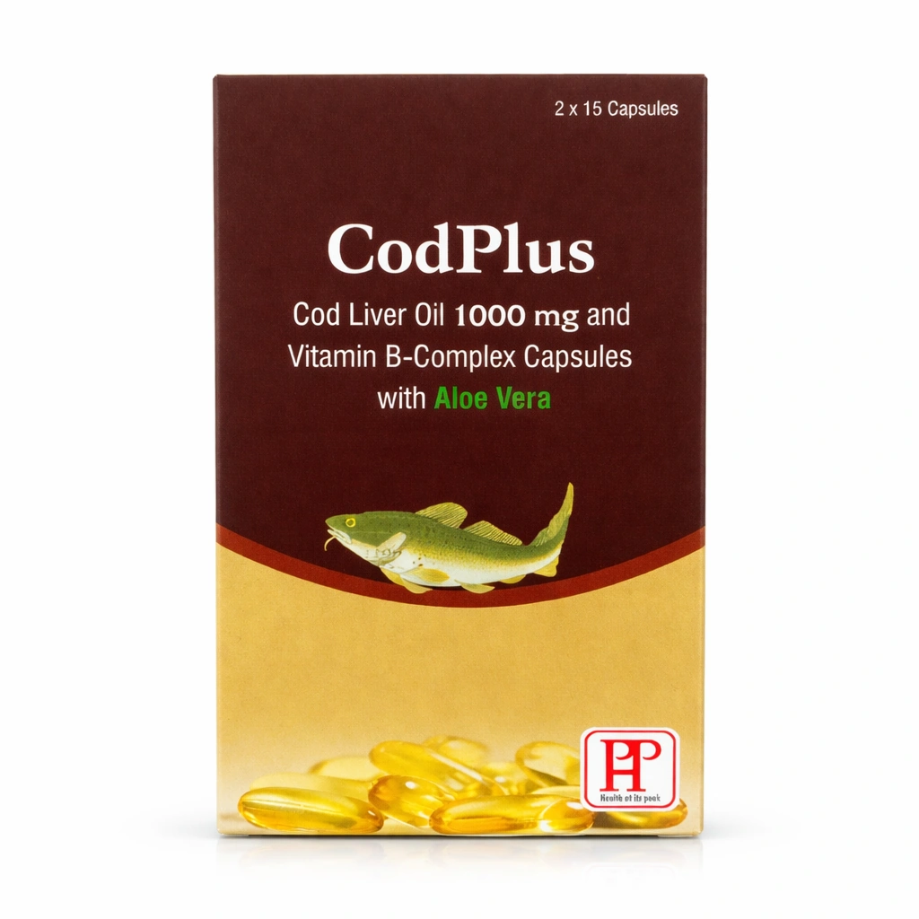 CodPlus Cod Liver Oil 1000 mg + Vitamin B-Complex Softgel Capsules with Aloe Vera x 30 Capsules