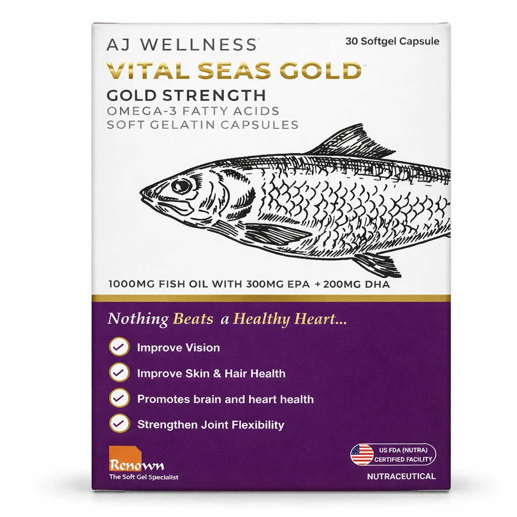AJ Wellness Vital Seas Gold Omega-3 Fish Oil Softgel Capsules 1000 mg x 30 Capsules x 30 Softgels