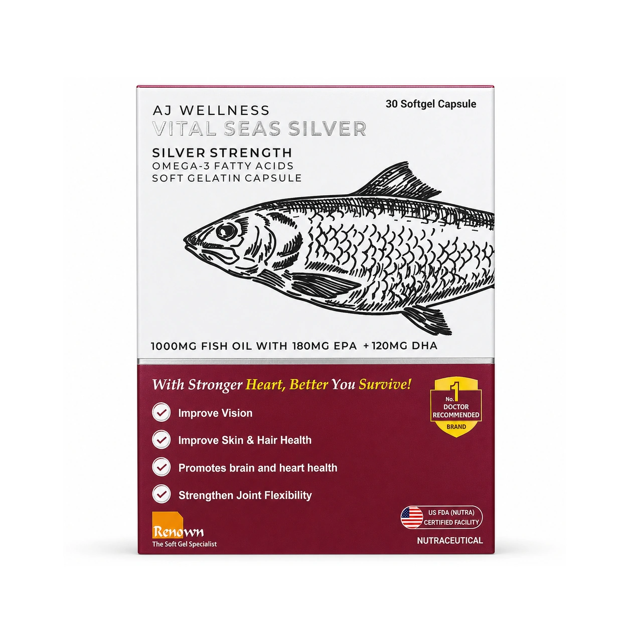 AJ Wellness Vital Seas Silver Omega-3 Fish Oil 1000 mg Softgel Capsules x 30 Capsules x 30 Softgels