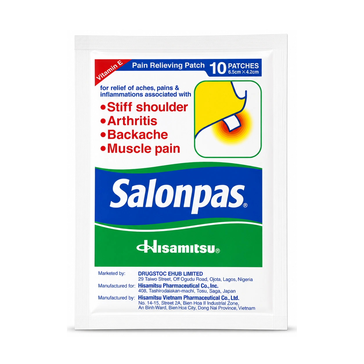 Salonpas Pain Relieving Patch Methyl Salicylate 6.29% + Levomenthol 5.71% + Camphor 1.24% + Tocopherol Acetate 2% x 10 Patches
