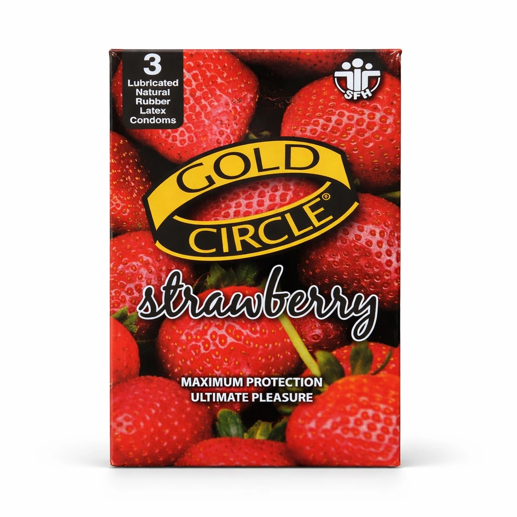 Gold Circle Strawberry Flavoured Lubricated Natural Rubber Latex Condoms x 3 condoms