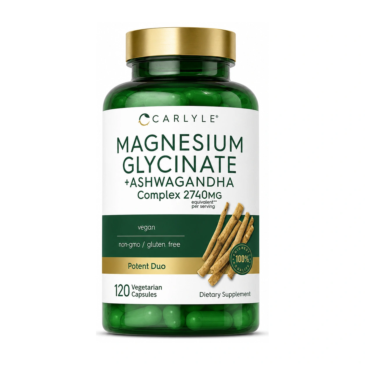 Carlyle Magnesium Glycinate + Ashwagandha Complex 2740 mg Vegetarian Capsules x 120 Capsules
